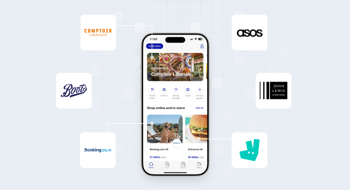 The Flyling blue+ app within a smartphone. With various brands floating around.