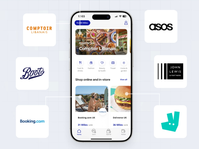 The Flyling blue+ app within a smartphone. With various brands floating around.